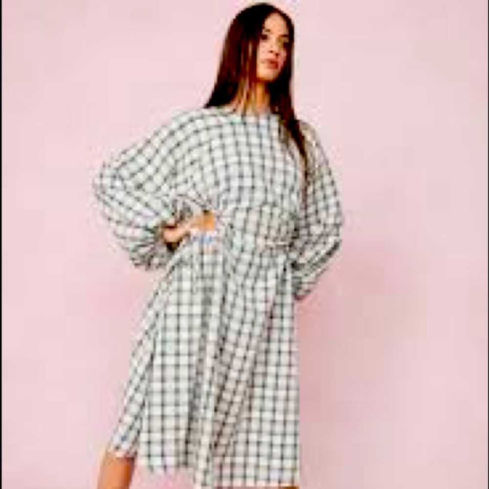 Check Print Balloon Sleeve Midi Dress